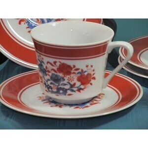 Seymour Mann Nara Porcelain Cups and Saucers Red and White Set of 5